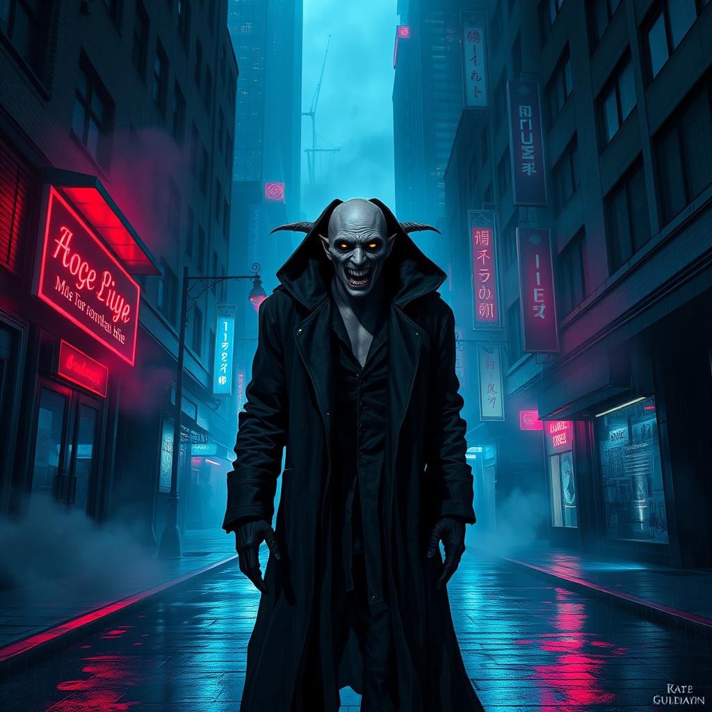Cyberpunk Nosferatu with Glowing Eyes in Dystopian City