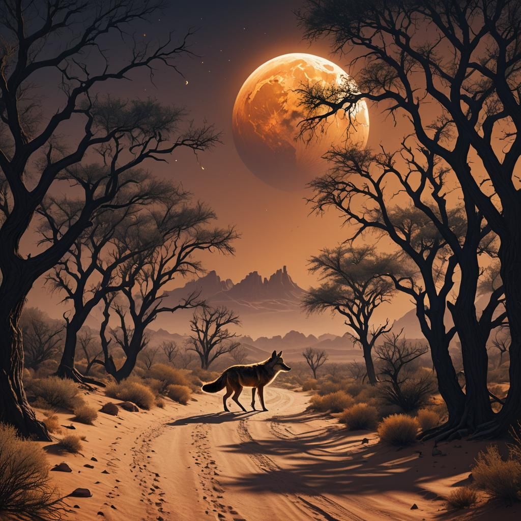 Coyote Silhouette Under Orange Moon: Fantasy Concept Art