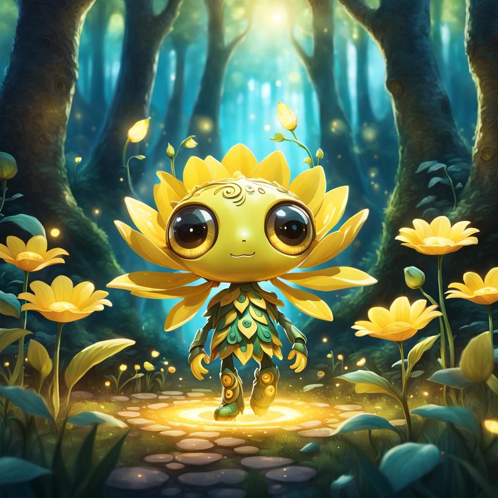 Whimsical Chibi Dandelion in Bright Forest Setting