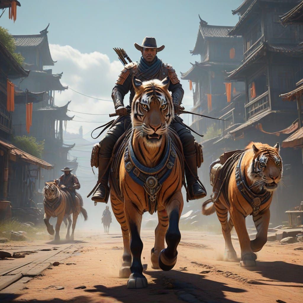 Gunslingers and Outlaws Ride with Bengal Tigers in Hyperreal...