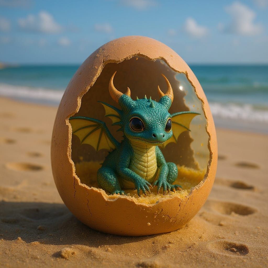 Baby Dragon Sleeps in Egg on Abandoned Beach