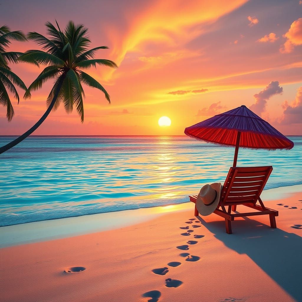 Tropical Sunset Beach Paradise in Vibrant Colors