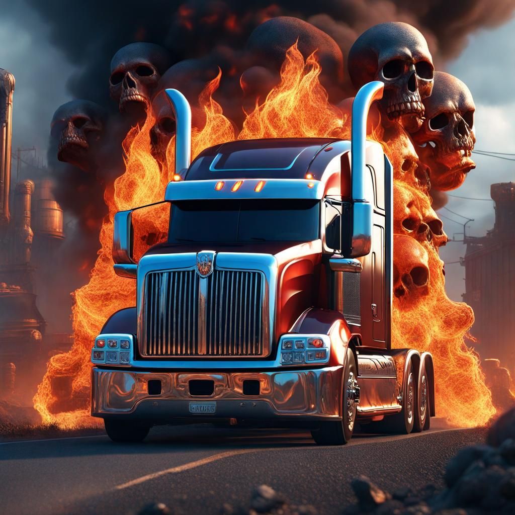 Fiery Skull Semi Truck: Detailed Fantasy Concept Art