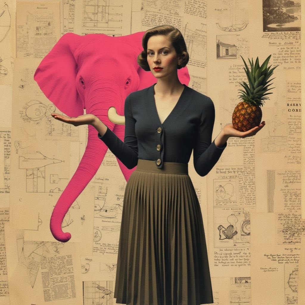 Surreal Vintage Woman with Elephant and Pineapple in Collage...