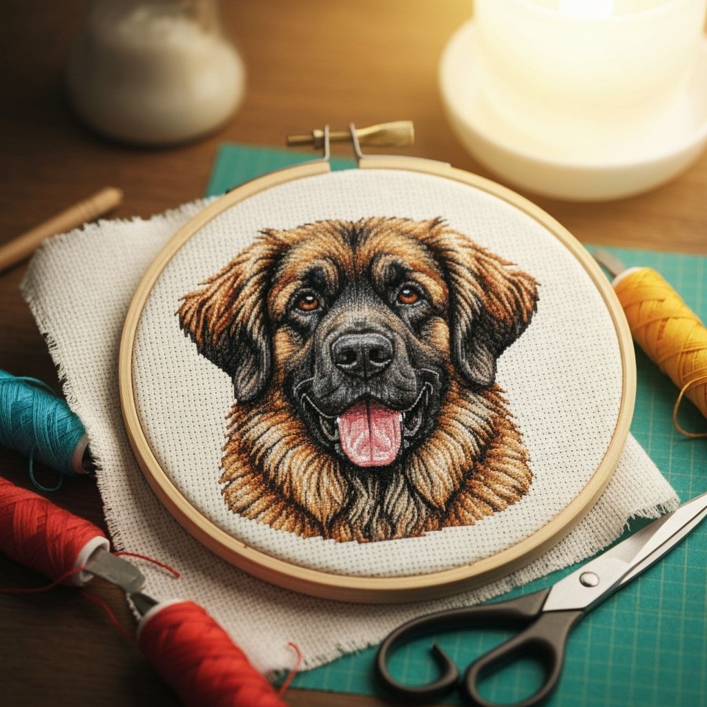 Leonberger Dog Cross-Stitch Portrait in Hoop