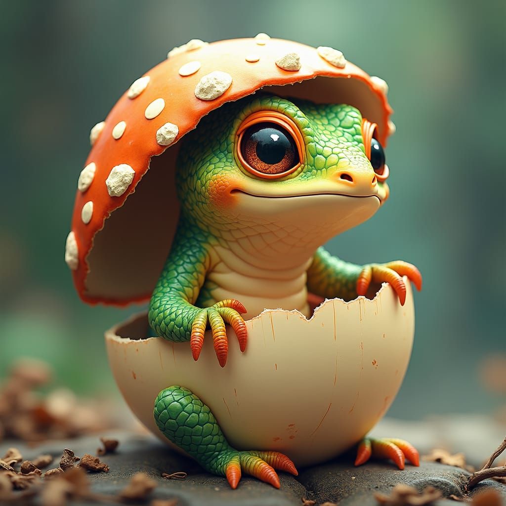 Mushroom Lizard Hatching in Anime Style
