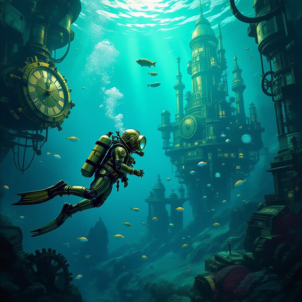 Steampunk Diver Explores Sunken Clockwork City