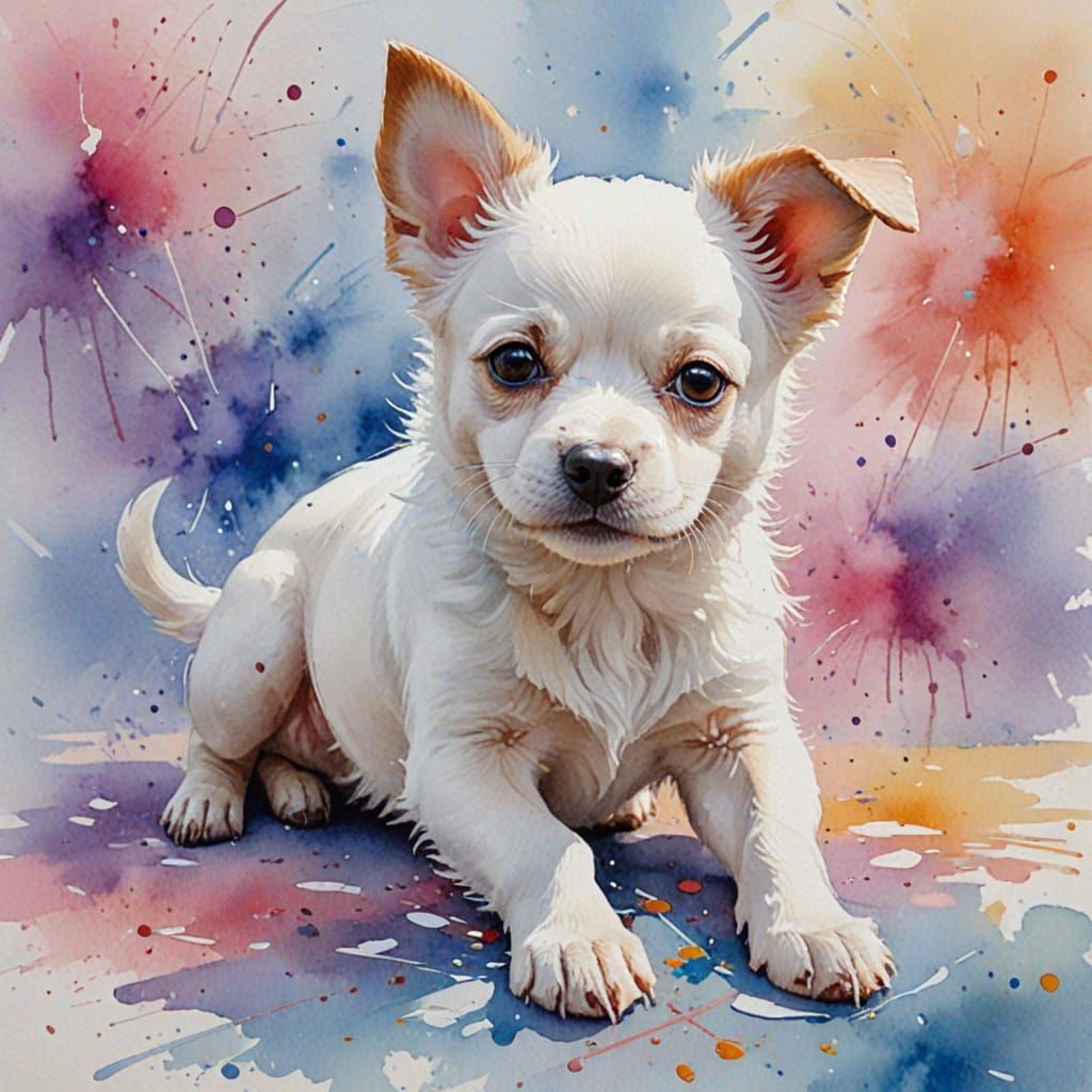 Cute Dog Plays in Dreamy Watercolour Painting