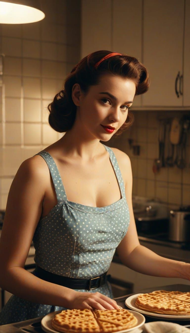Pin-Up Woman Makes Waffles in 1950s Kitchen