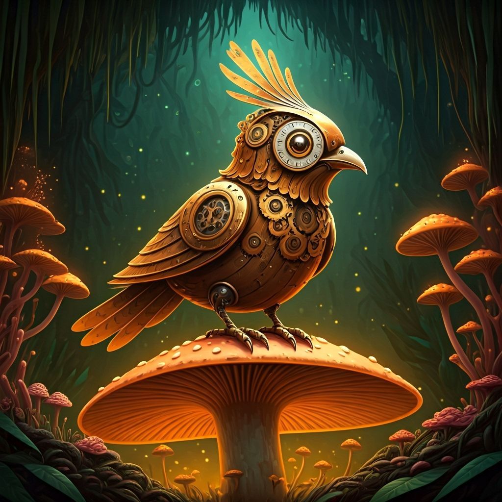 Steampunk Clockwork Bird in Alien Jungle