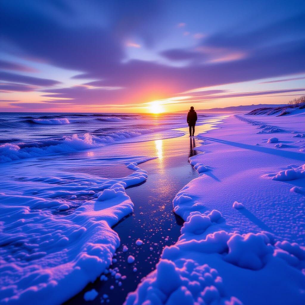 Serene Snow Beach Sunset in Cinematic Style