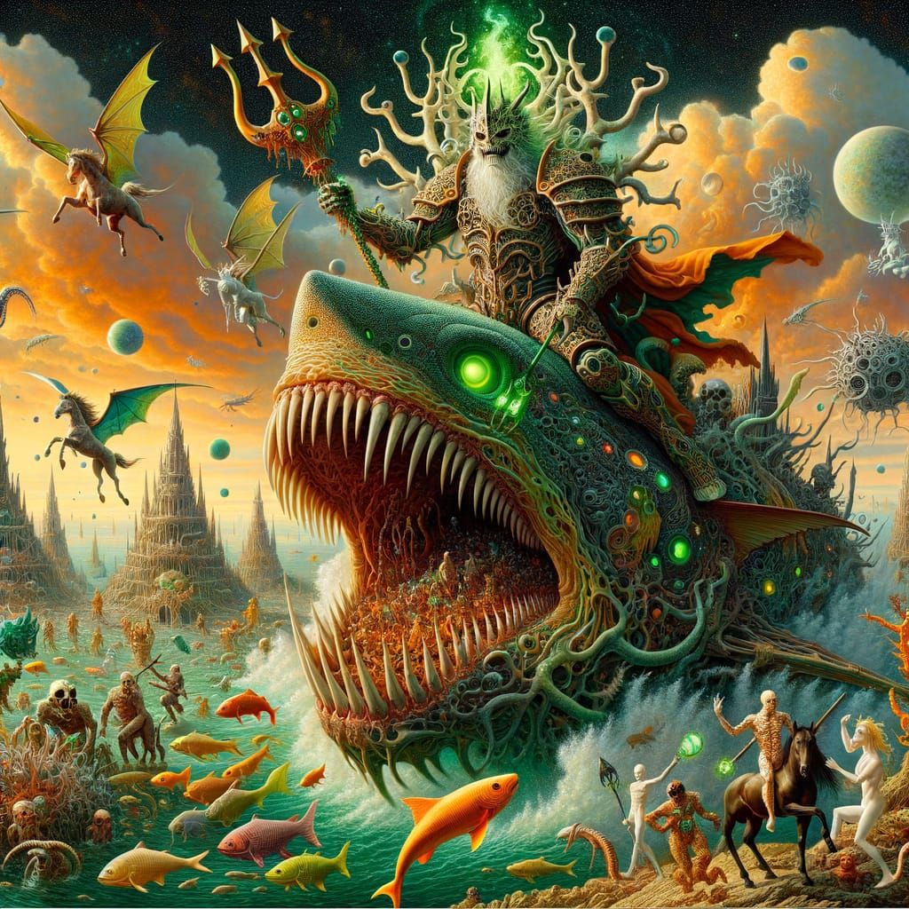 Surreal Eerie Vista of Bone-Clad Entity and Dragon-Shark