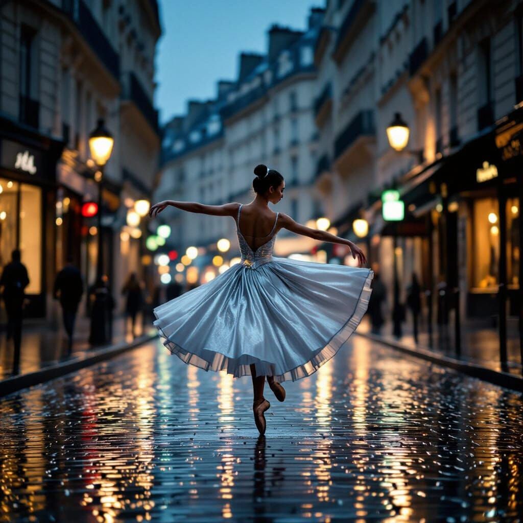 Ballerina Dancing in Rainy Paris at Twilight