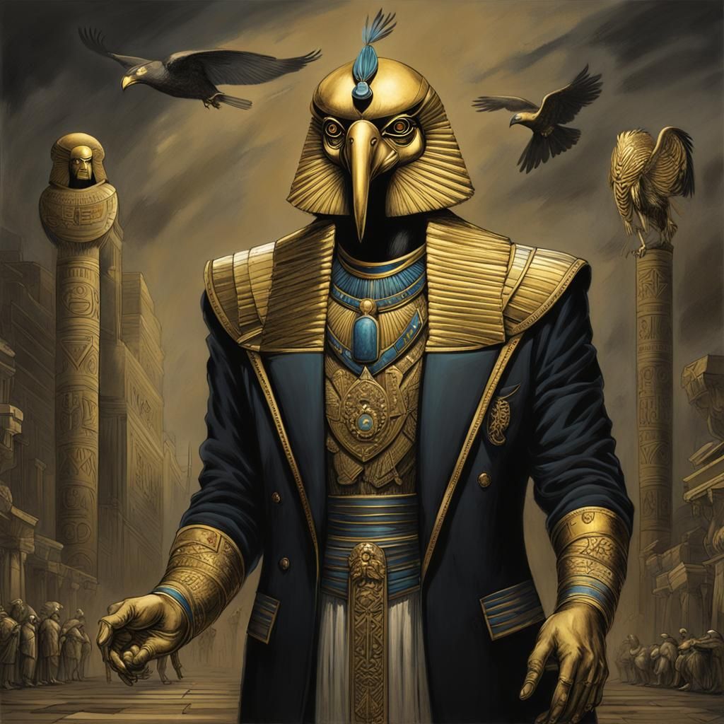 Hyperrealistic Horus in Dark Landscape