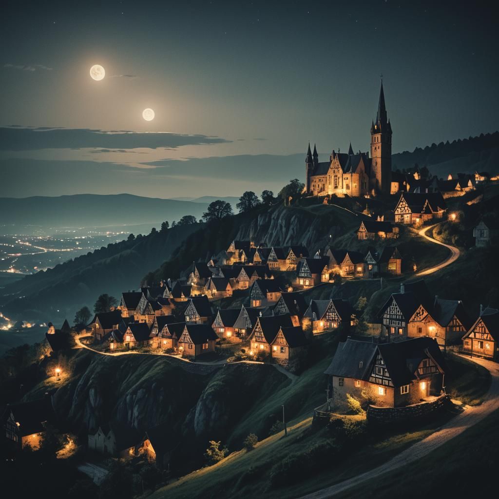Gothic Village on a Hill at Night