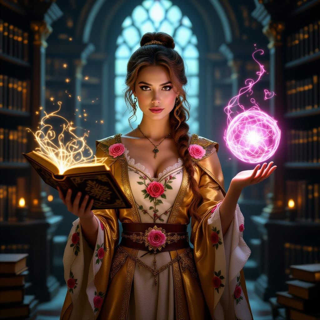 Arcane Scholar Belle in Golden Robes, Holding Spellbook
