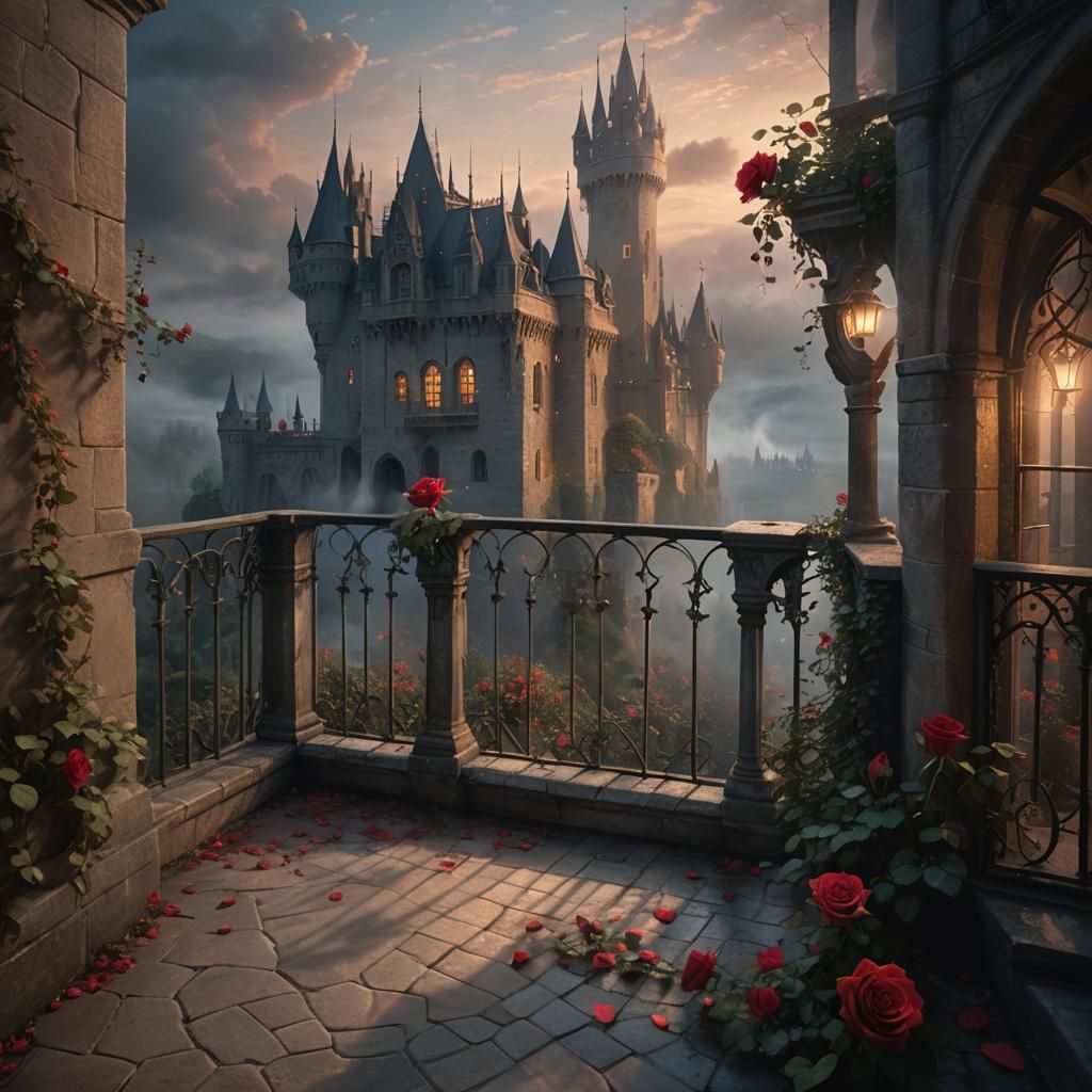 Magical Rose on Castle Balcony in Dreamlike Landscape