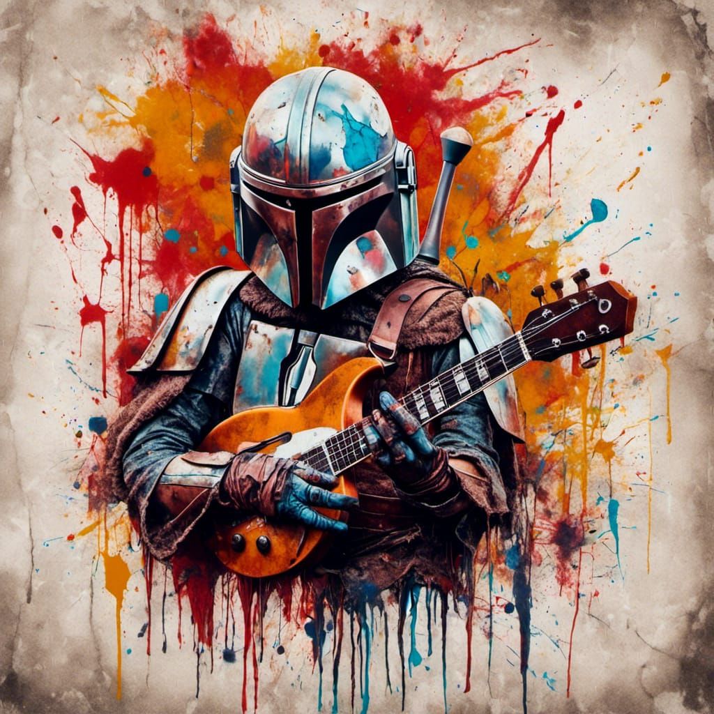 Grogu and Mandalorian Baseball in Graffiti Style