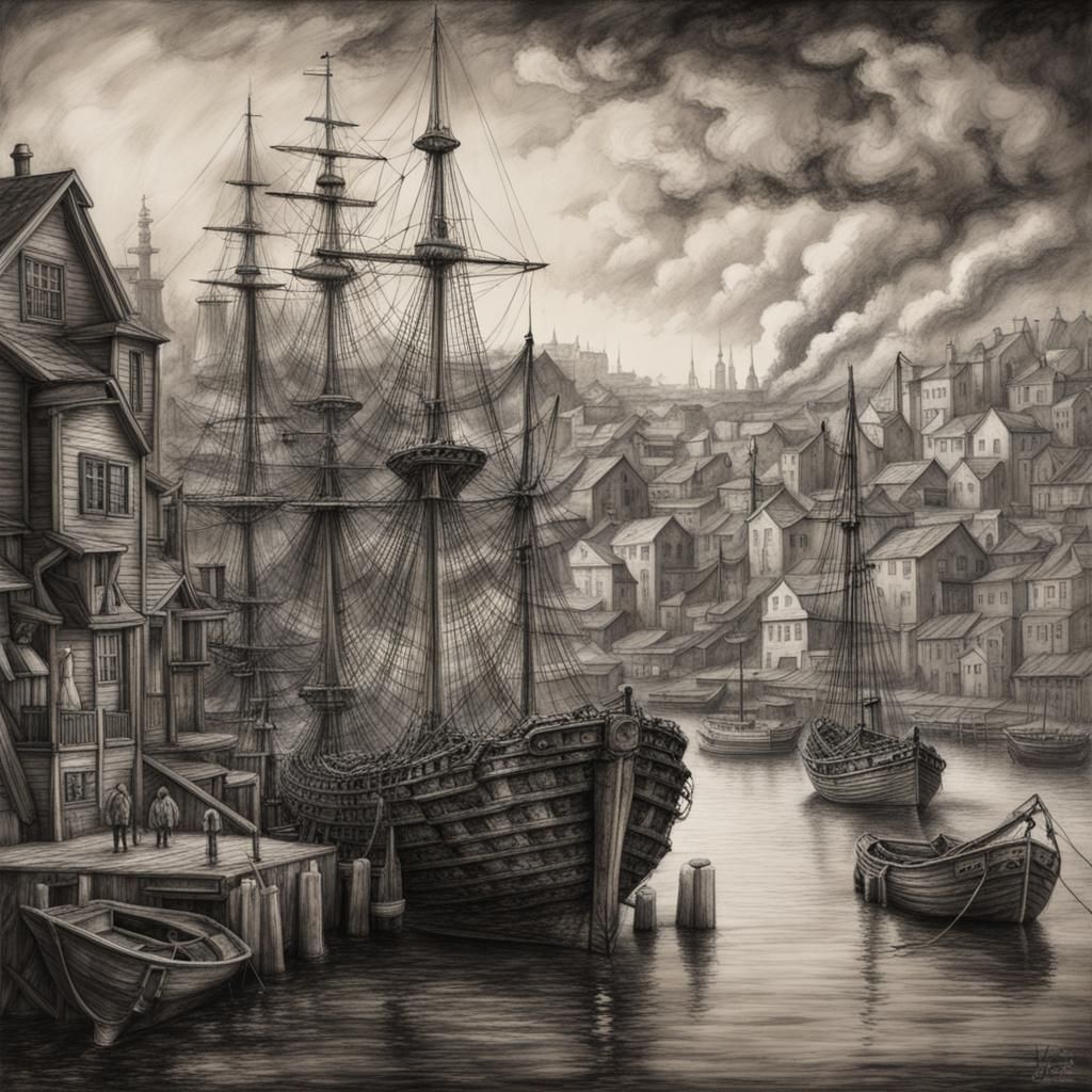 Detailed Charcoal Drawing of Pirate Harbor Town