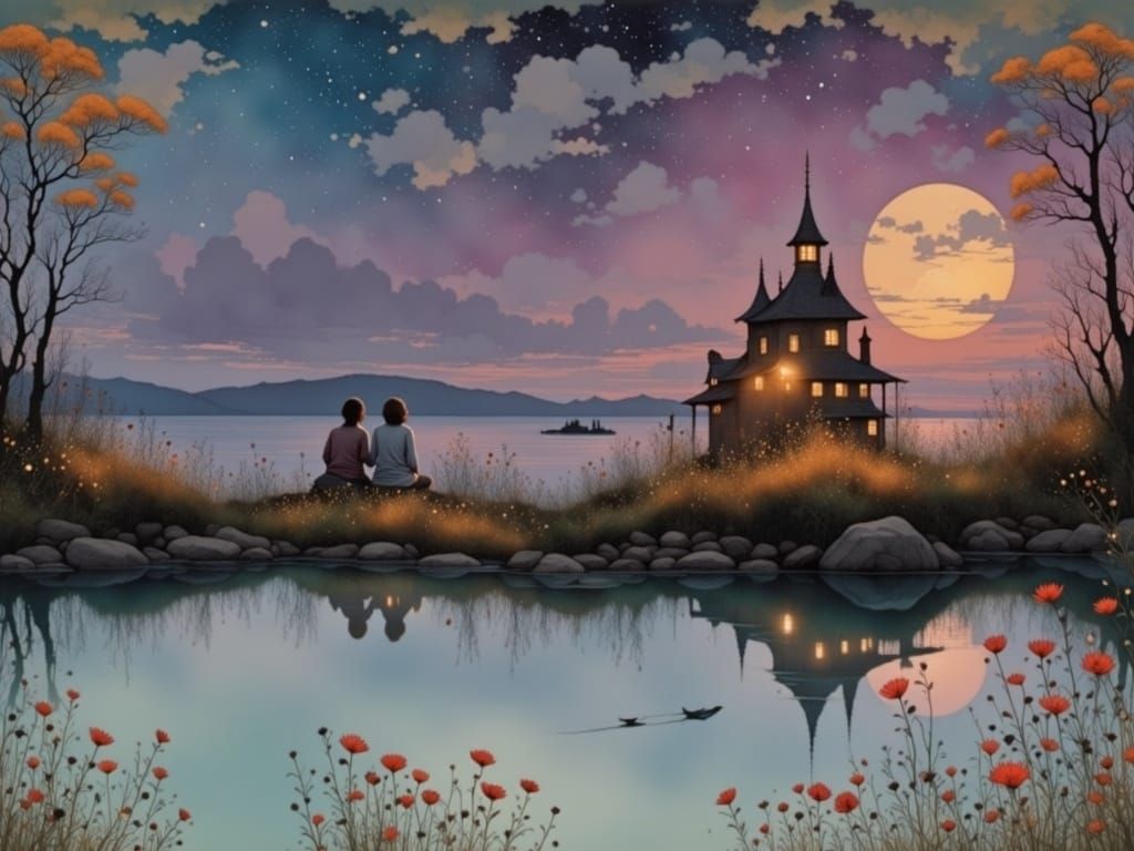 Moonlit Garden at Dawn: A Whimsical Landscape