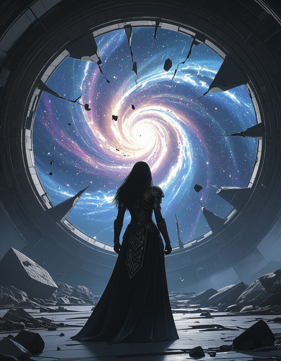 Warrior Woman Before Cosmic Vortex in Gritty Realism