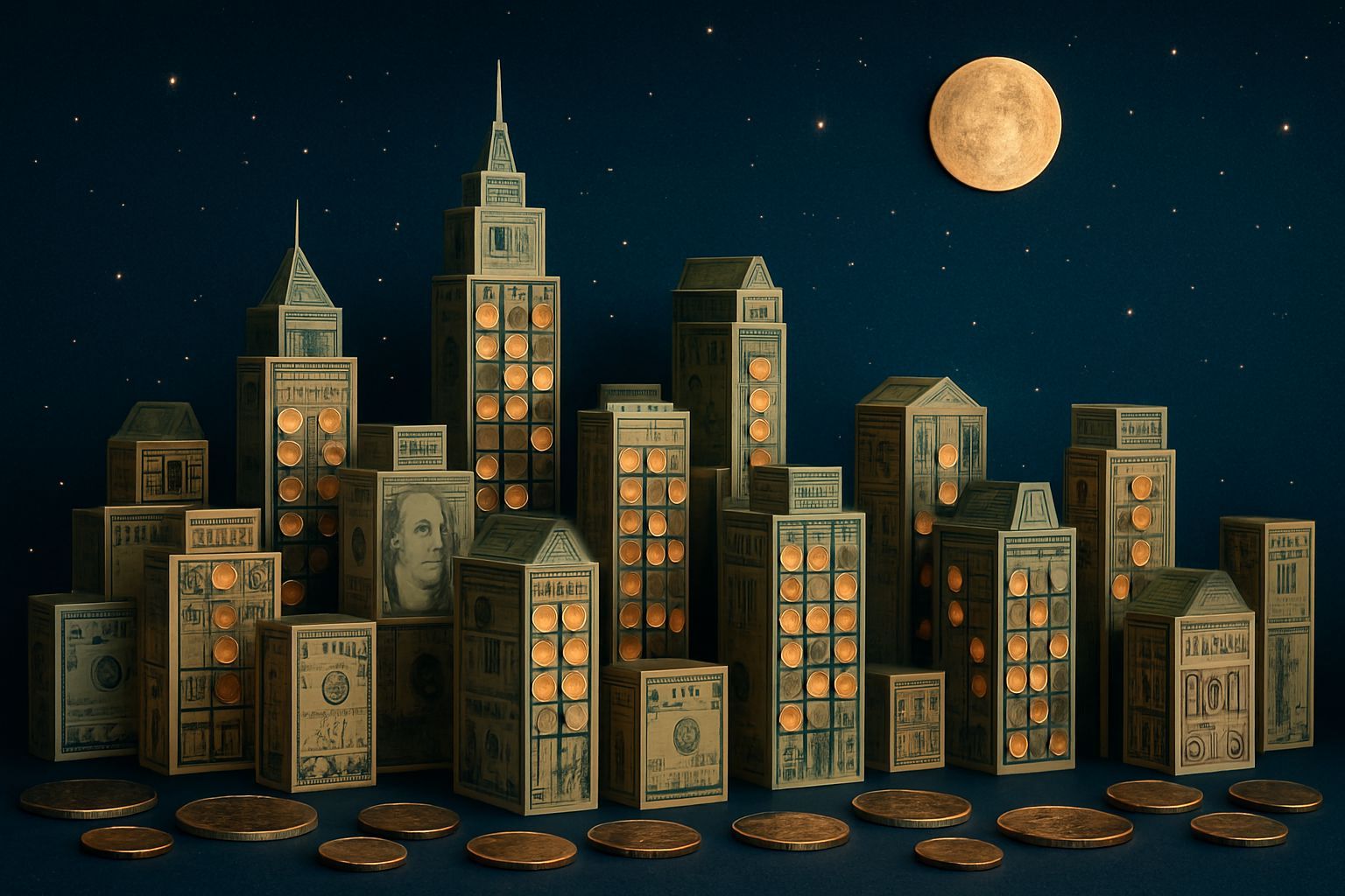 Money Cityscape at Night: Buildings of Currency