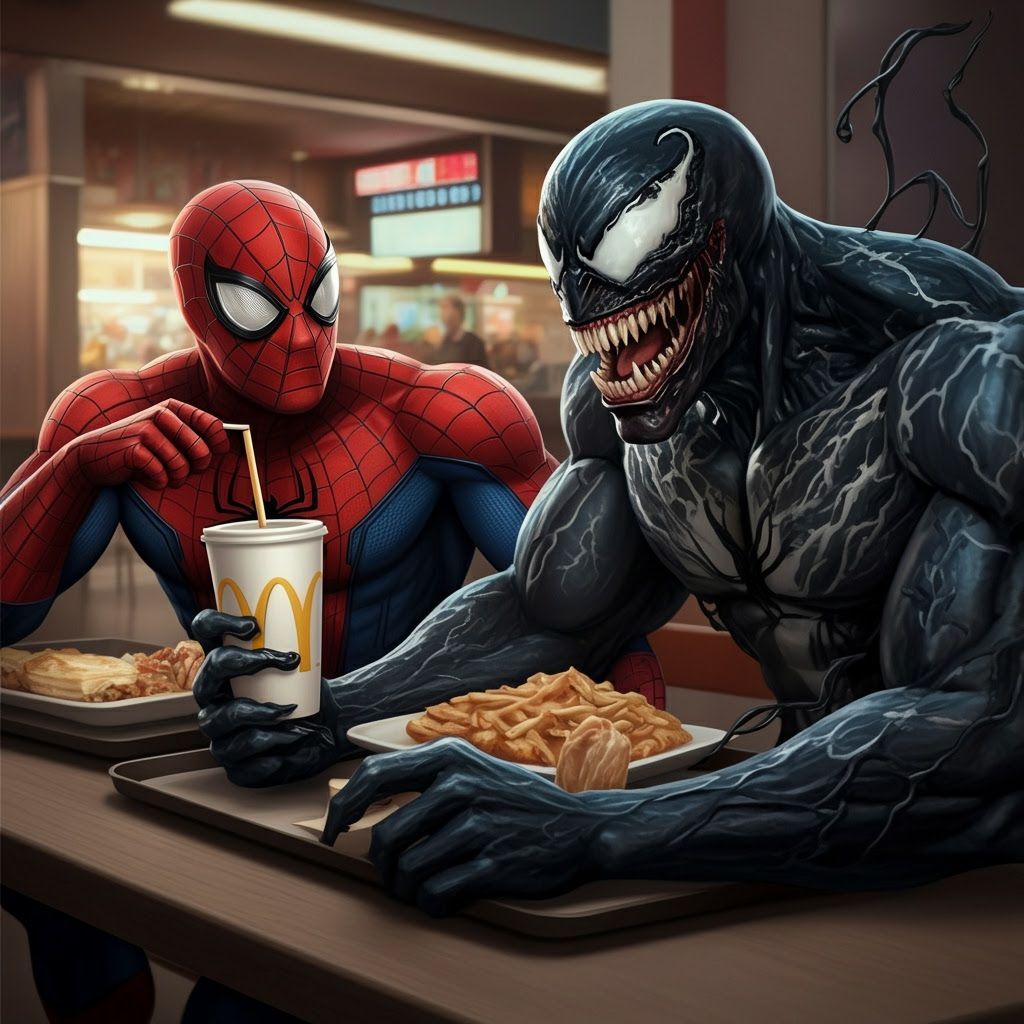 Spiderman and Venom Share a Meal at McDonald's