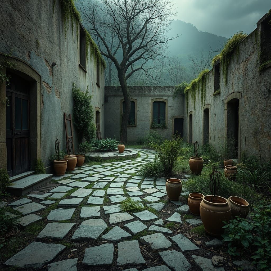 Desolate Garden with Moss-Stained Walls in Holographic Style