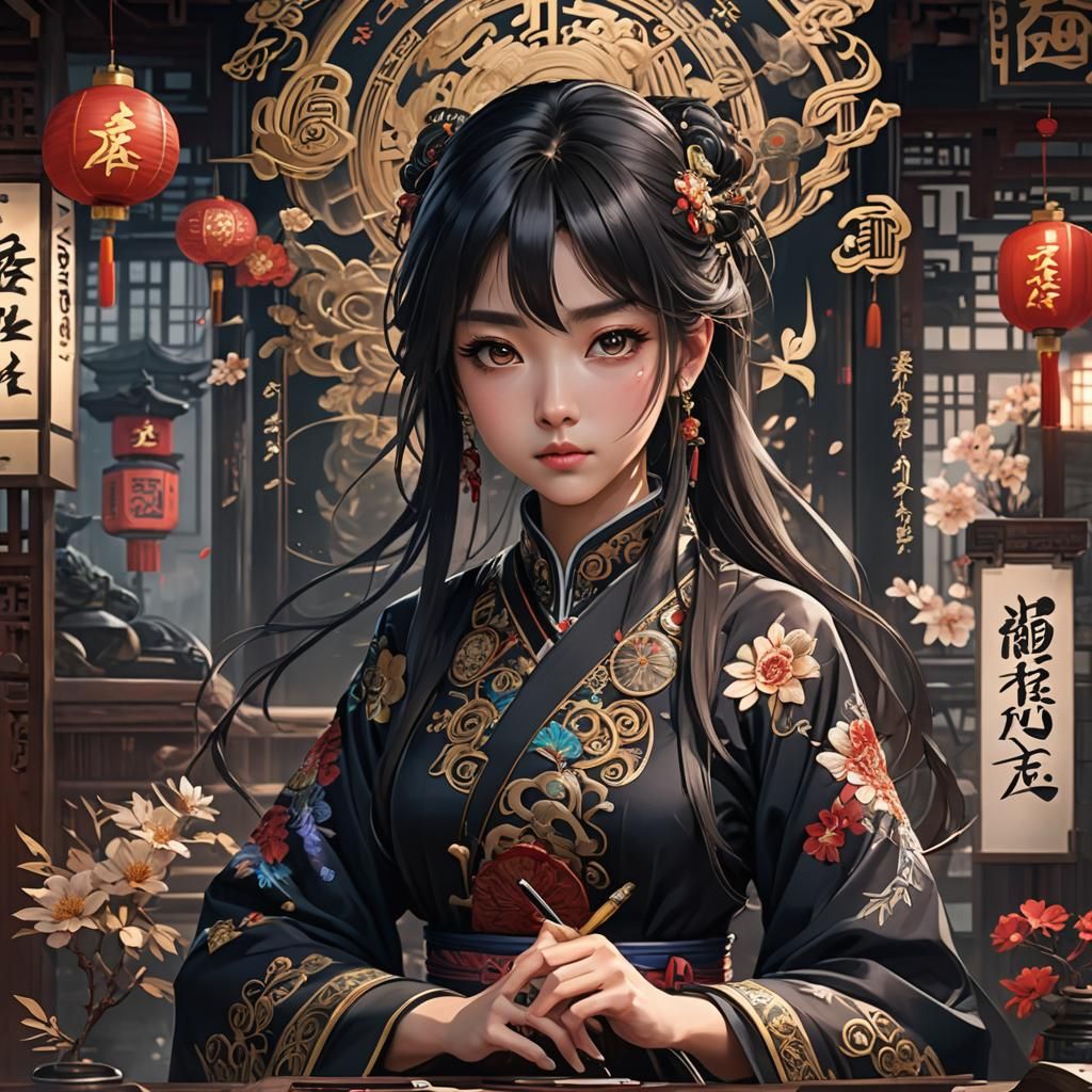 Anime Woman Writing Chinese Calligraphy in Holographic Style