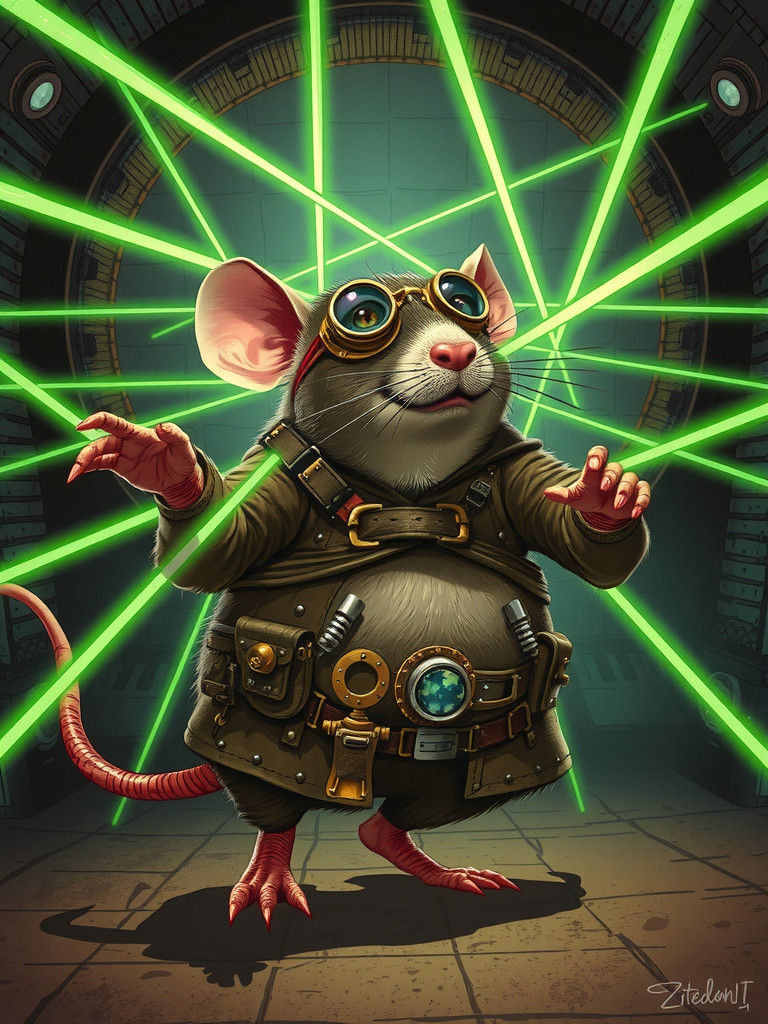 Steampunk Rat Dodging Lasers in a Syd Mead Style