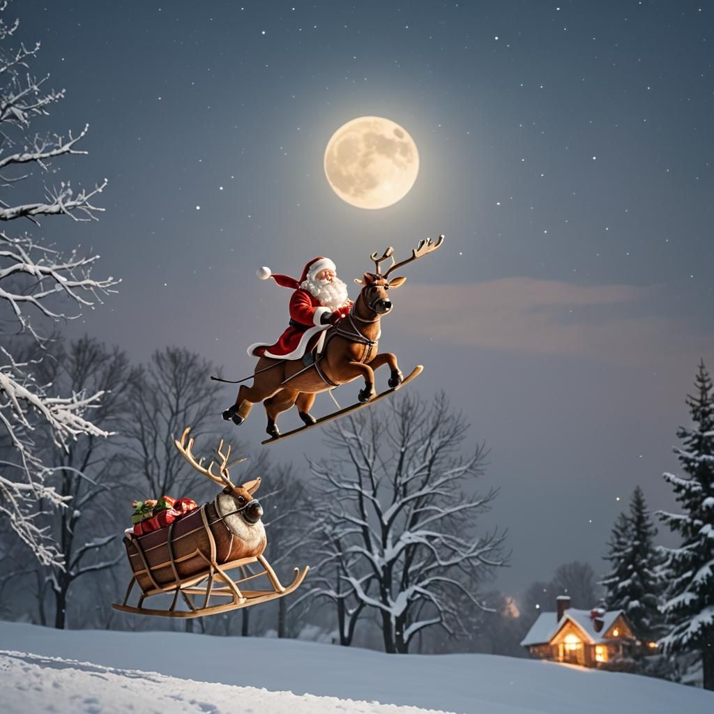 Santa Claus Sleigh Flight Under Full Moon
