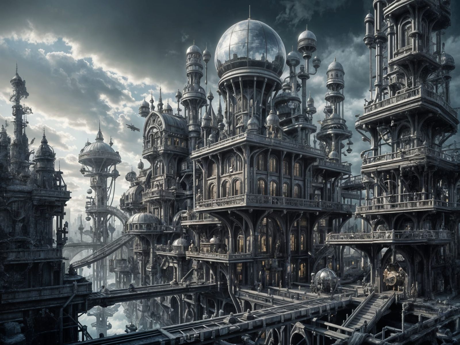 Steampunk Cityscape with Chrome Airships and Silver Sky