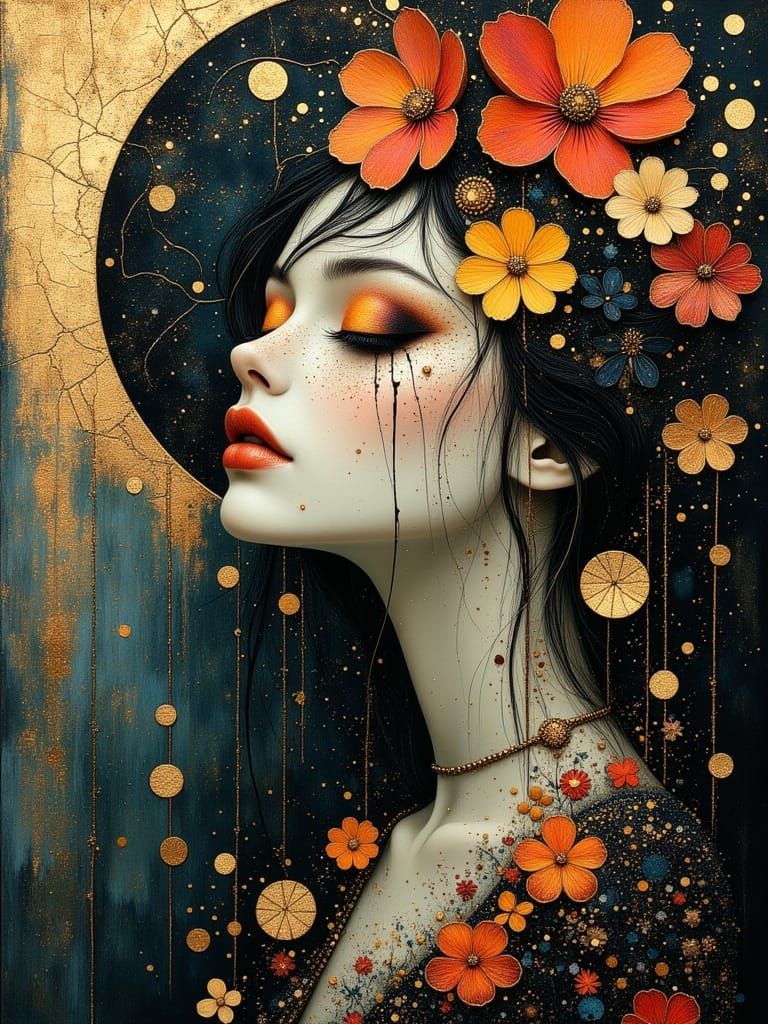 A Whimsical Gothic Portrait of a Woman Amidst Blooming Flowe...