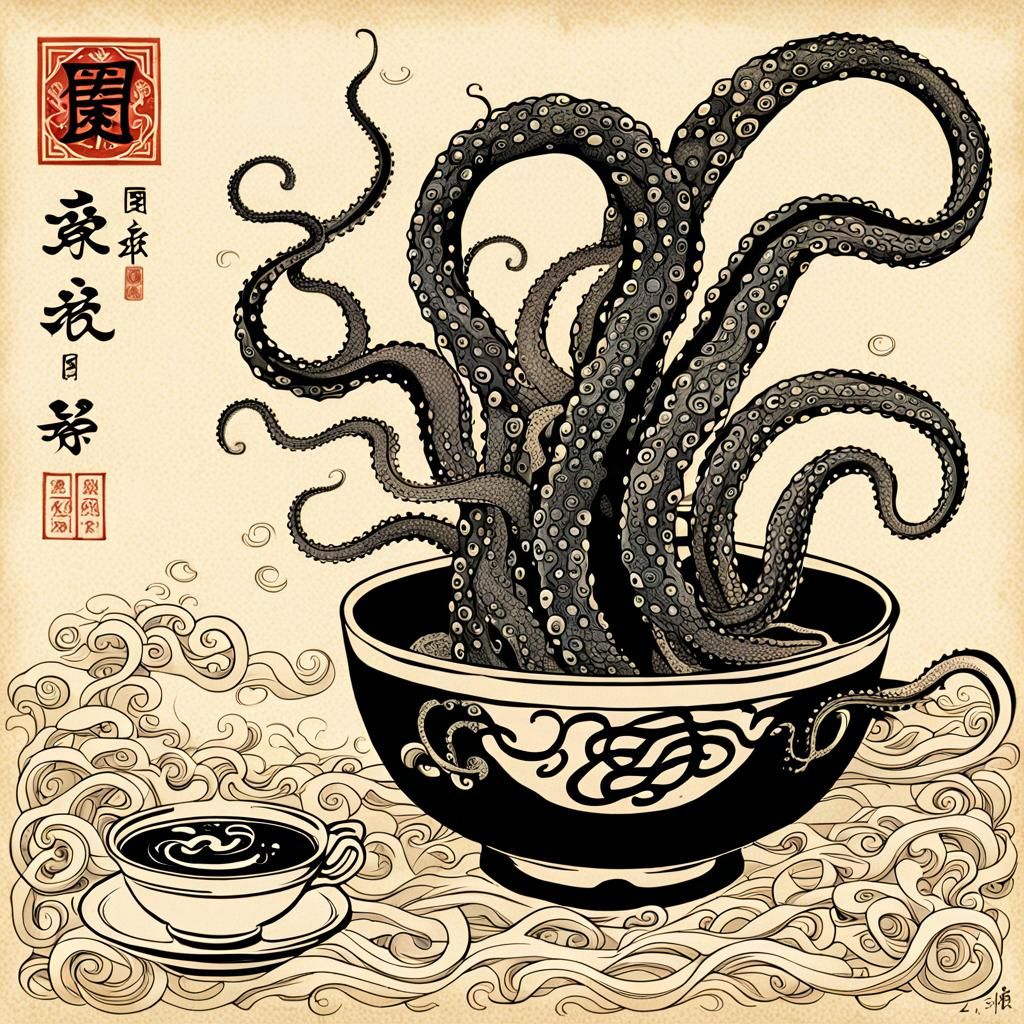 Octopus Tea Ceremony in Japanese Art Nouveau