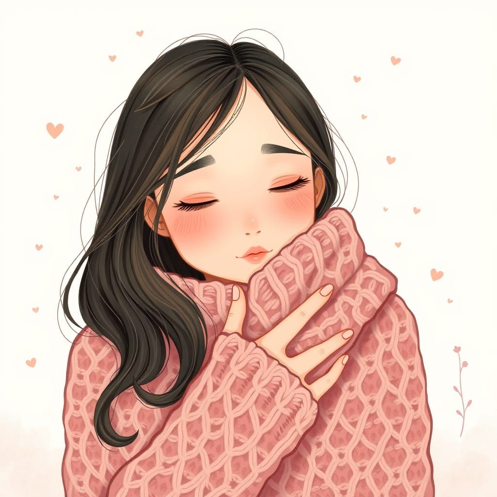 Woman Hugging Herself in Dreamy Pop-Surrealist Style