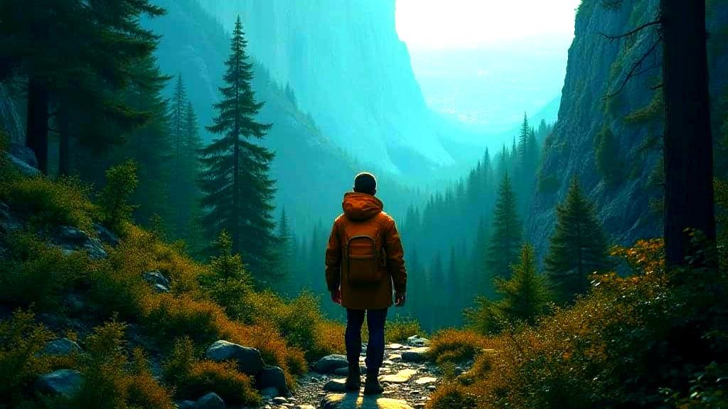 Solitary Man Overlooks Forest City From Mountain