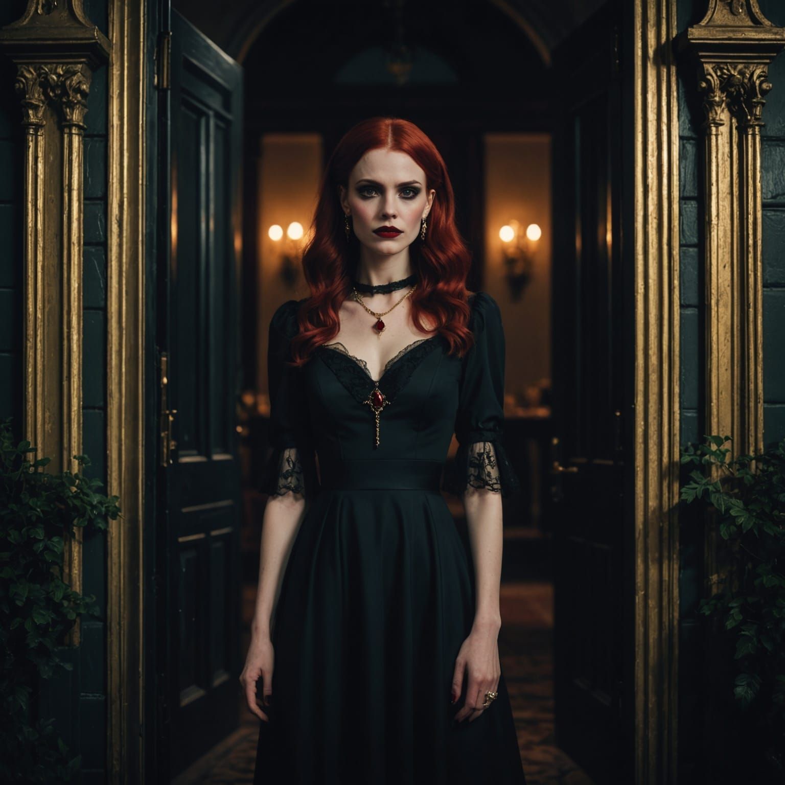 Gothic Vampire at Mansion Door Cinematic Still