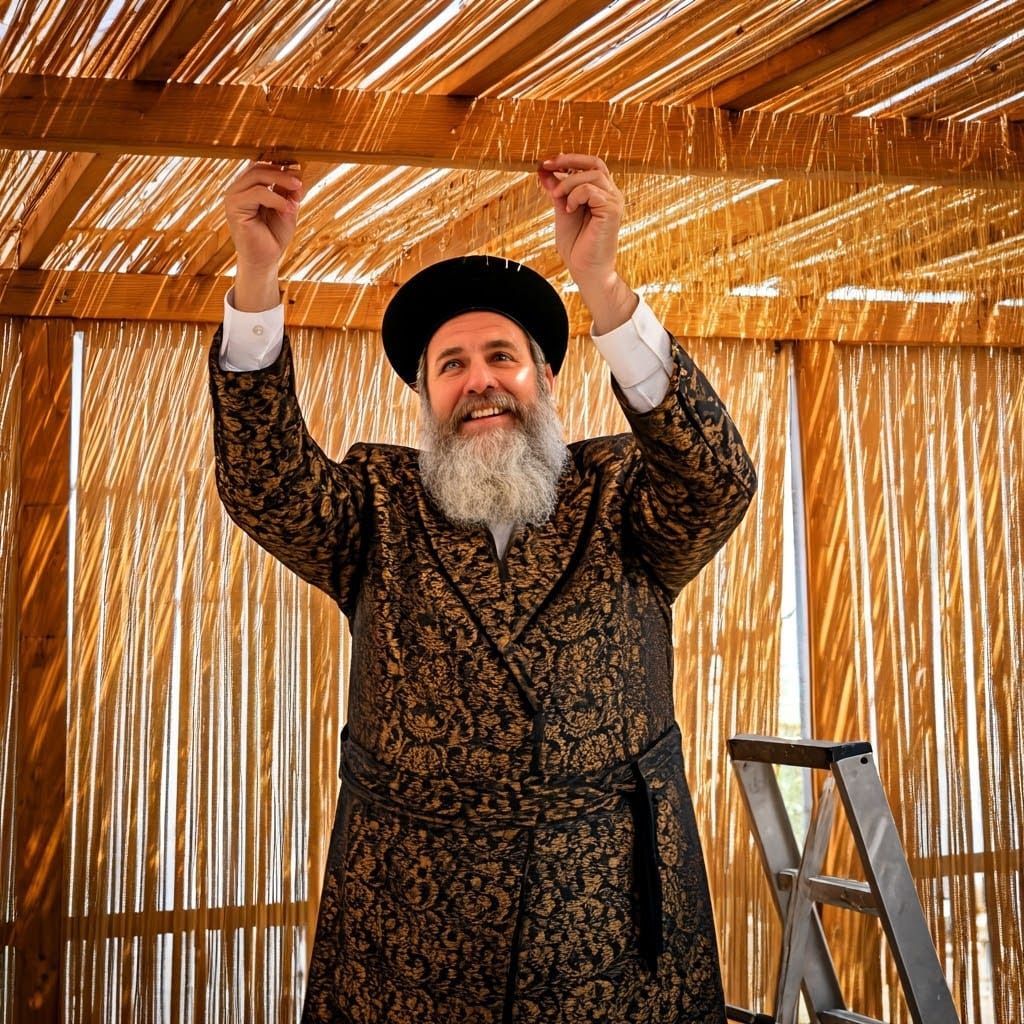 Festive Hasidic Jew Decorating a Sukkah