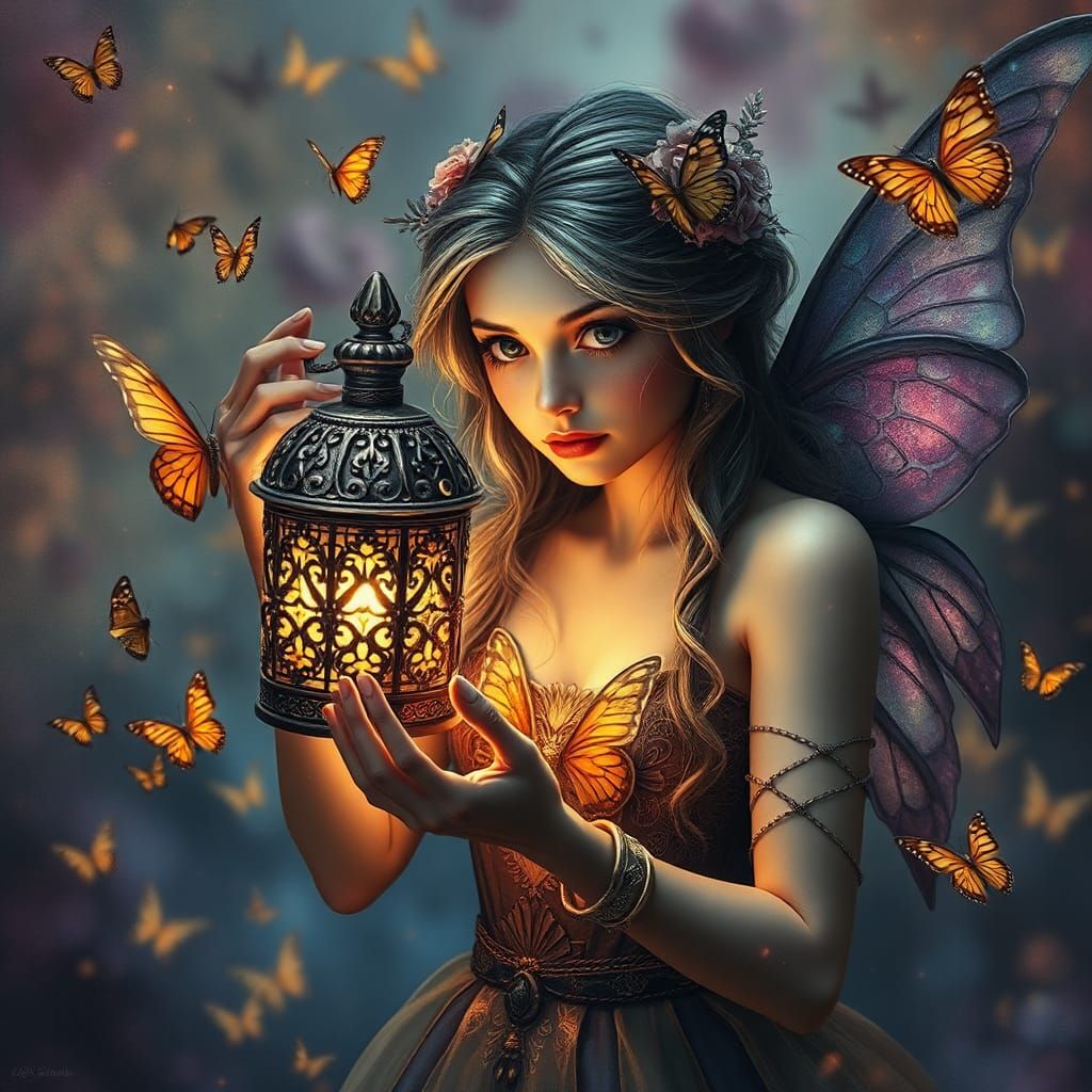 Fairy with Butterfly Lantern in Gothic Watercolor