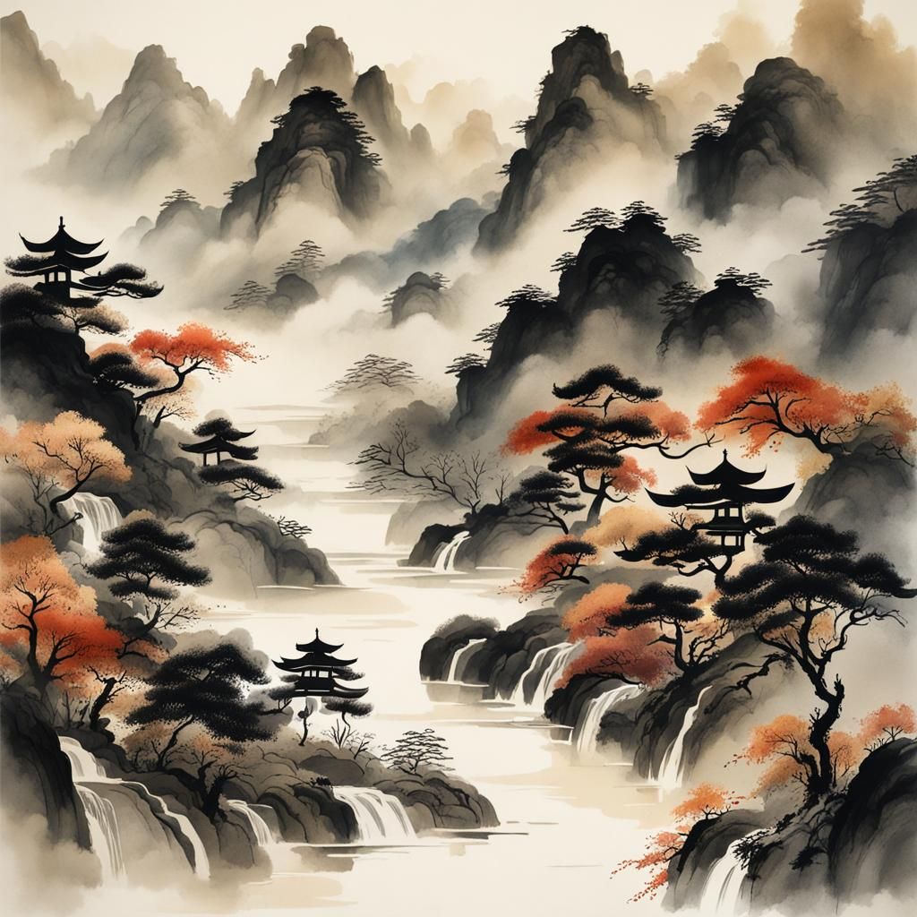 Muted Chinese Ink Painting of Flowing Rivers