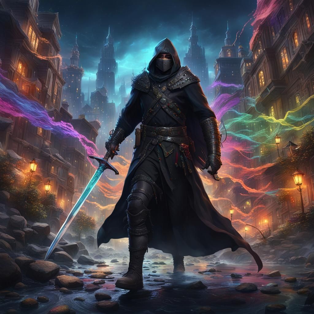 Dark Warrior with Shadow Sword in Bright City