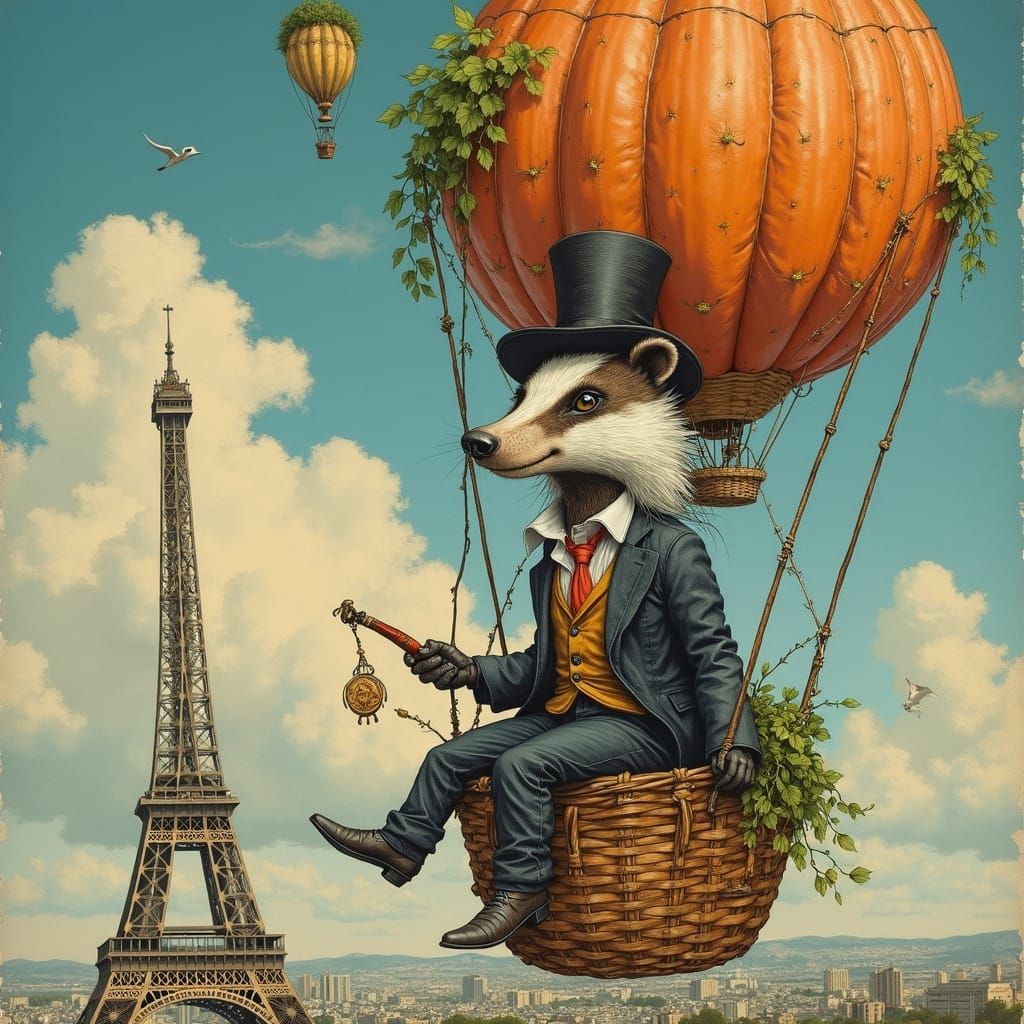 Badger Rides Vegetable Balloon Over Paris: Whimsical Illustr...