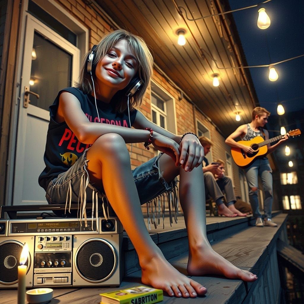 Vibrant Woman in Whirling Musical Notes