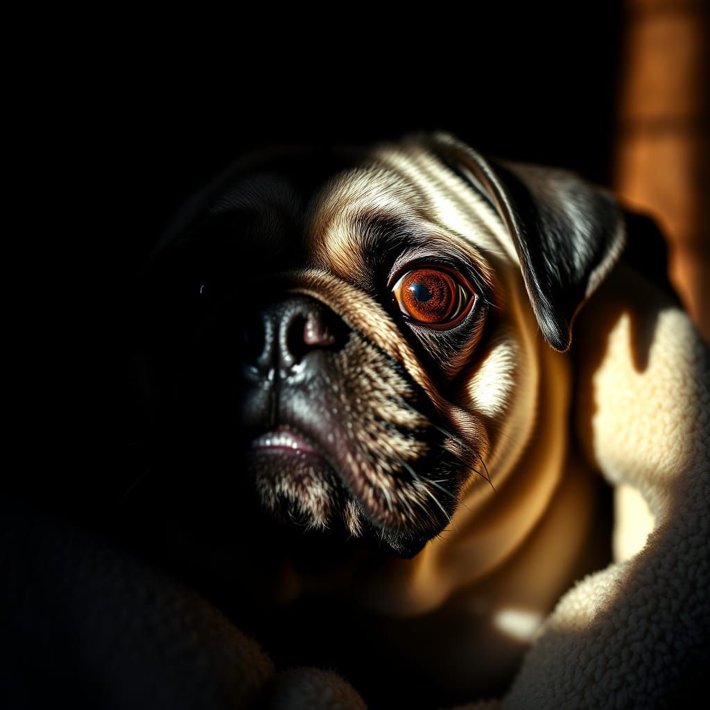 Pug Portrait in Cozy Kennel with Expressive Shadows