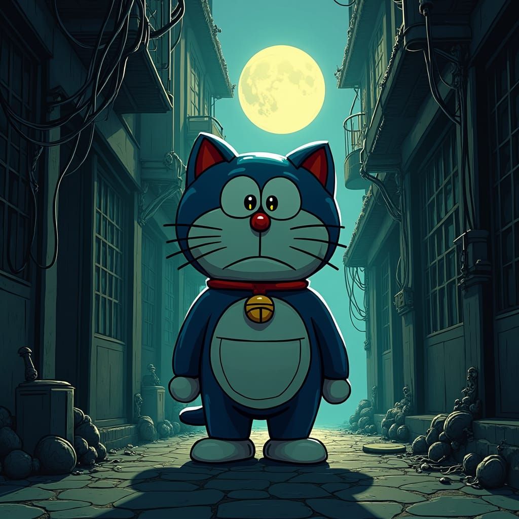 Doraemon in the style of Tim Burton