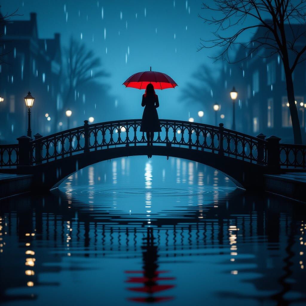 Silhouette with red umbrella standing on rainy curved bridge...