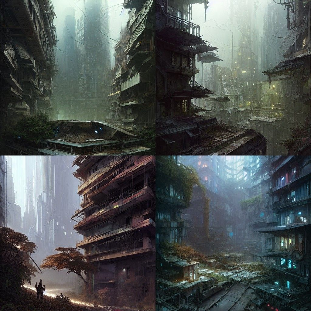 Dystopian Building in Overgrown Post-Apocalyptic City