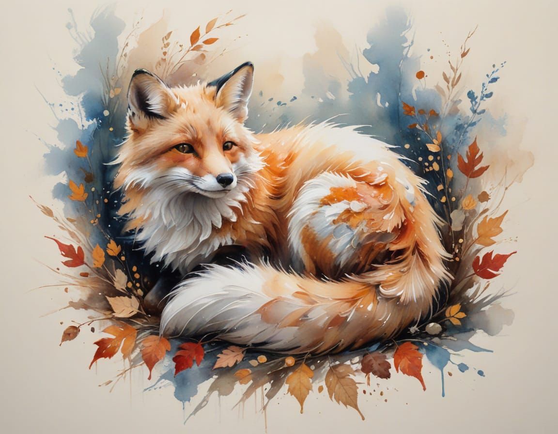 Baby Fox Asleep in Autumn Leaves, Alcohol Ink Style