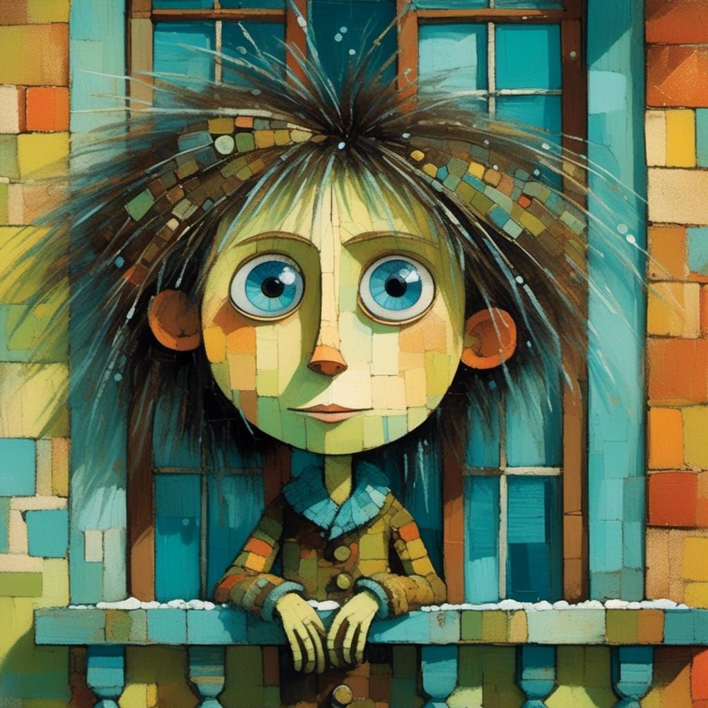 Art Brut Portrait of Boy with Icy Blue Eyes