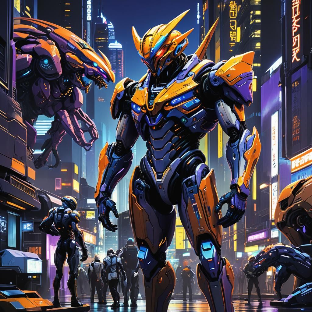 Guyver Pilot Amidst Evangelion Units in Dystopian City